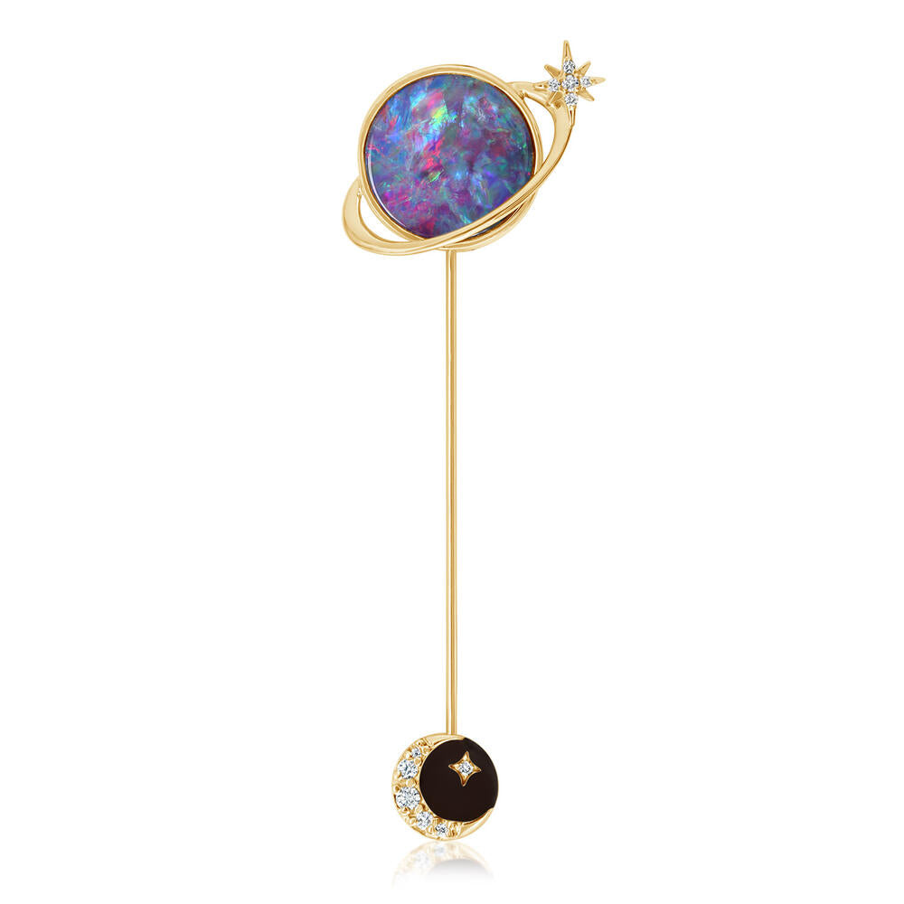 14K Yellow Gold Australian Opal Doublet/Diamond Stick Pin