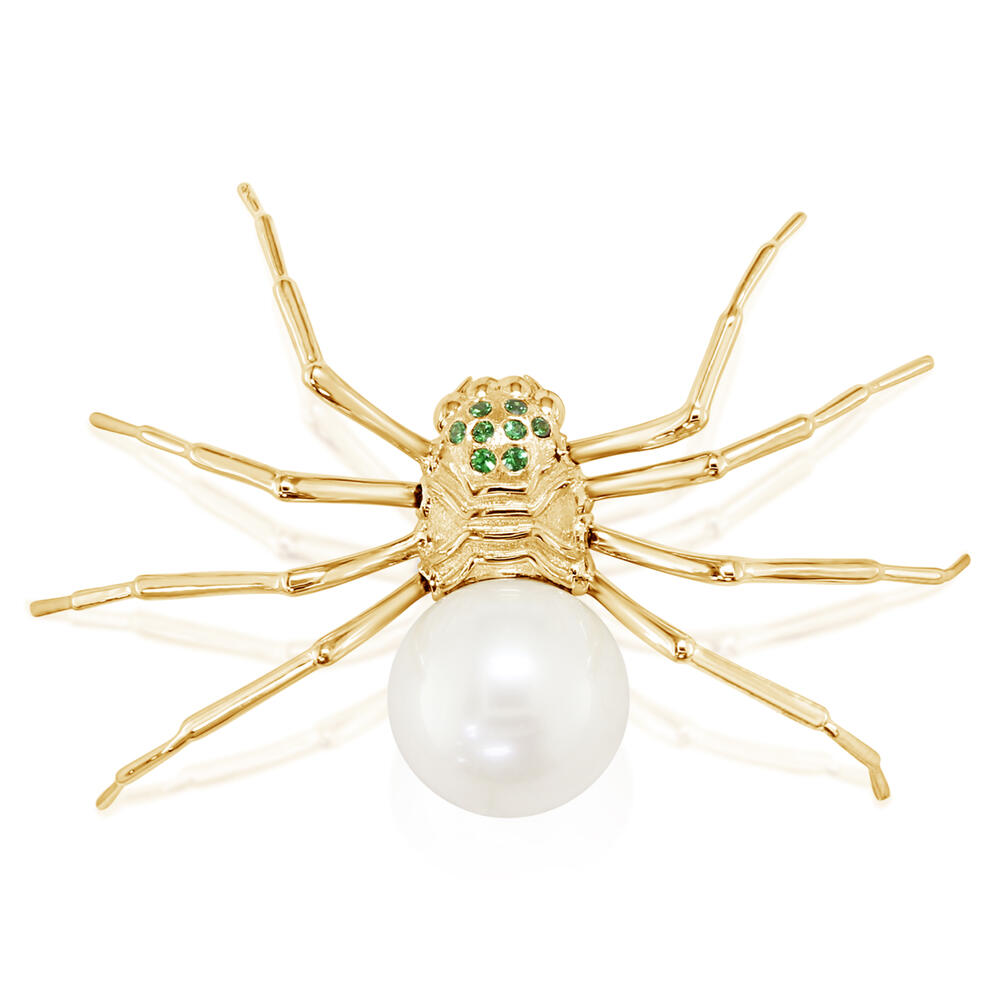 14K Yellow Gold Cultured Pearl/Tsavorite Spider Lapel Pin with Yellow Plated Post-Back