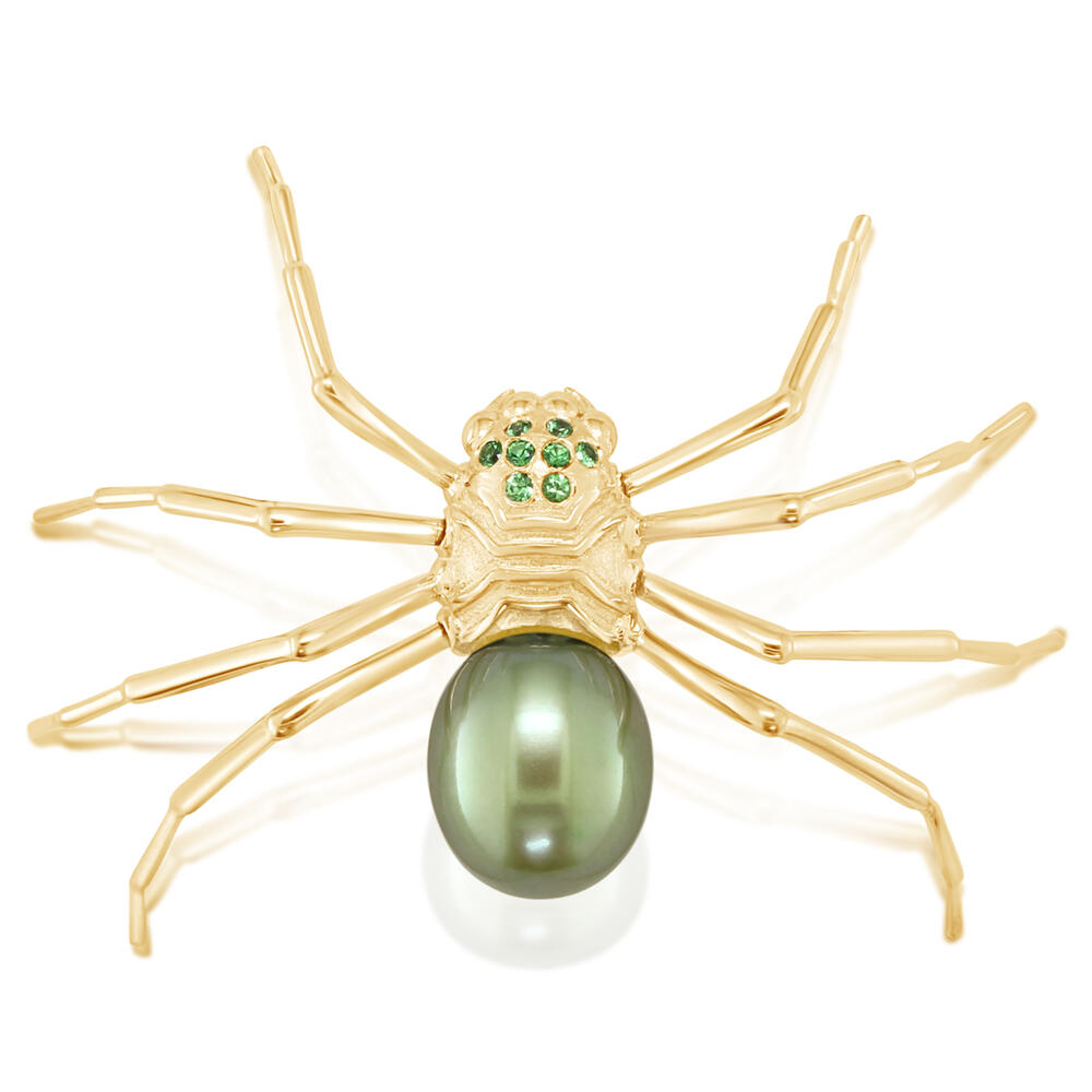 14K Yellow Gold Green Fw Pearl/Tsavorite Spider Lapel Pin with Yellow Plated Post-Back