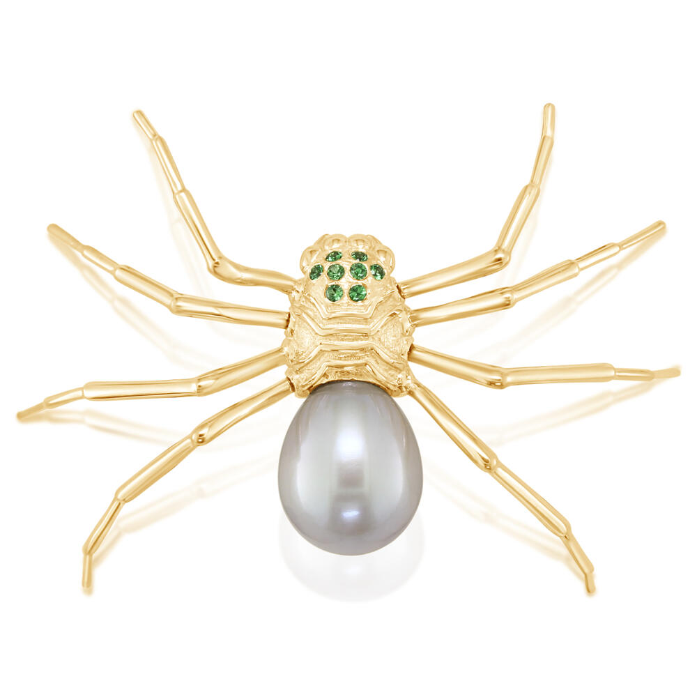 14K Yellow Gold Grey Fw Pearl/Tsavorite Spider Lapel Pin with Yellow Plated Post-Back