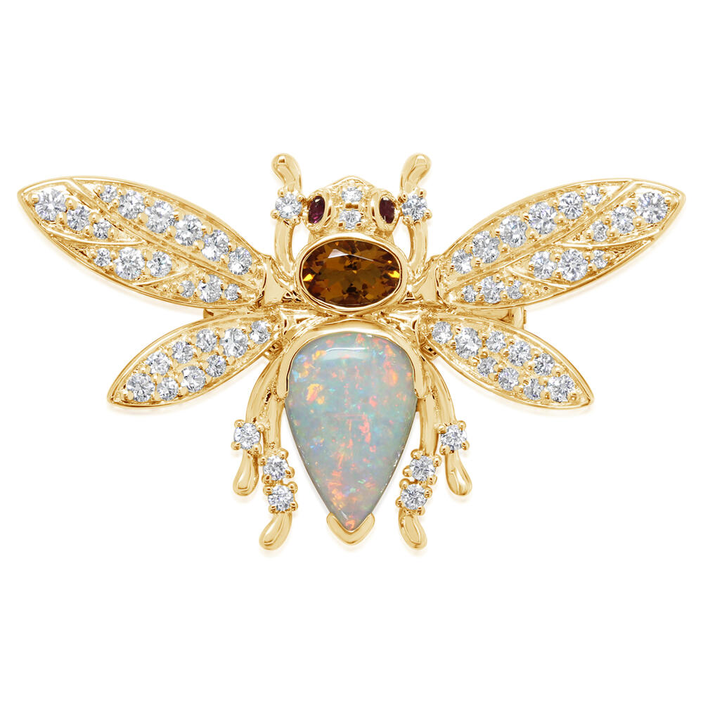 14K Yellow Gold Australian Opal/Citrine/Ruby/Diamond Bee Brooch ,H,H