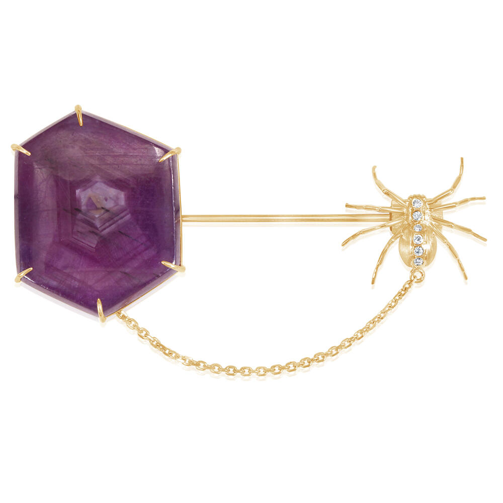 14K Yellow Gold Ruby Slice/Diamond Brooch with Hanging Spider