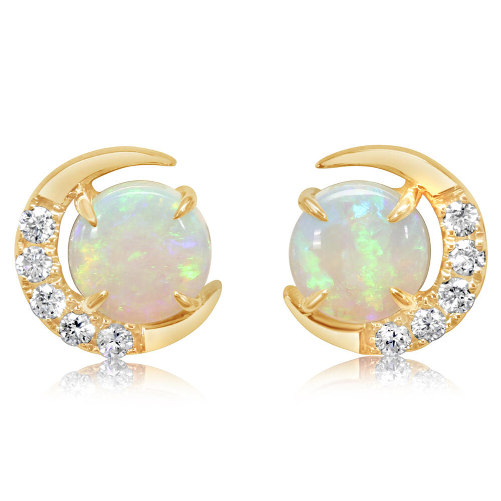 14K Yellow Gold Australian Opal/Diamond Moon Earrings