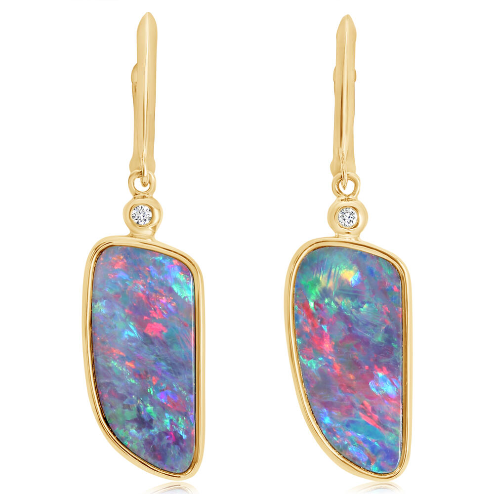 14K Yellow Gold Australian Opal Doublet/Diamond Plain Bezel Earrings