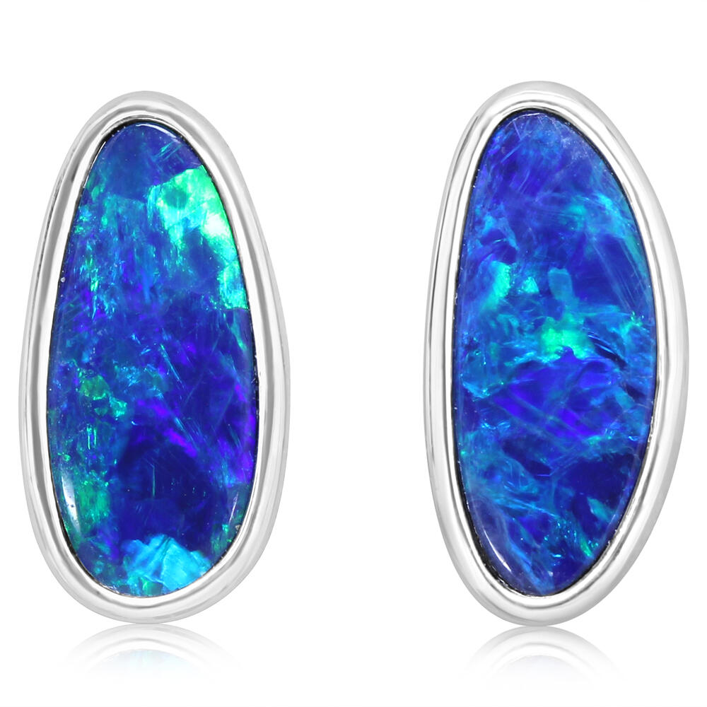 14K White Gold Australian Opal Doublet Small Plain Bezel Earrings