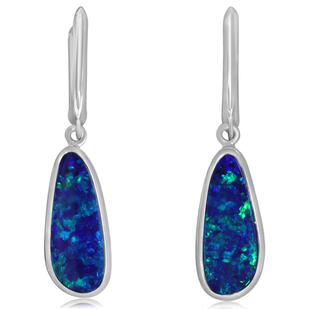 14K White Gold Australian Opal Doublet Plain Bezel Leverback Earrings