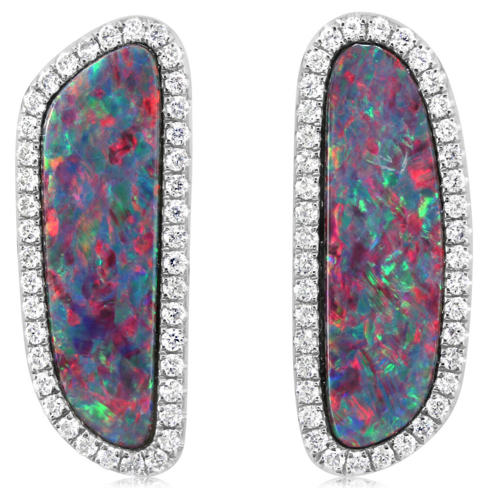 14K White Gold Australian Opal Doublet/Diamond Earrings