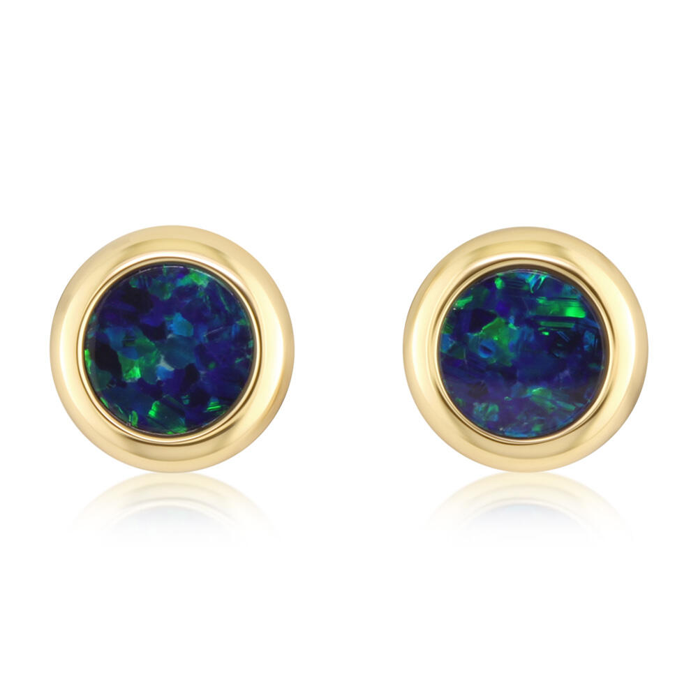 14K Yellow Gold 5mm Round Australian Opal Doublet Earrings