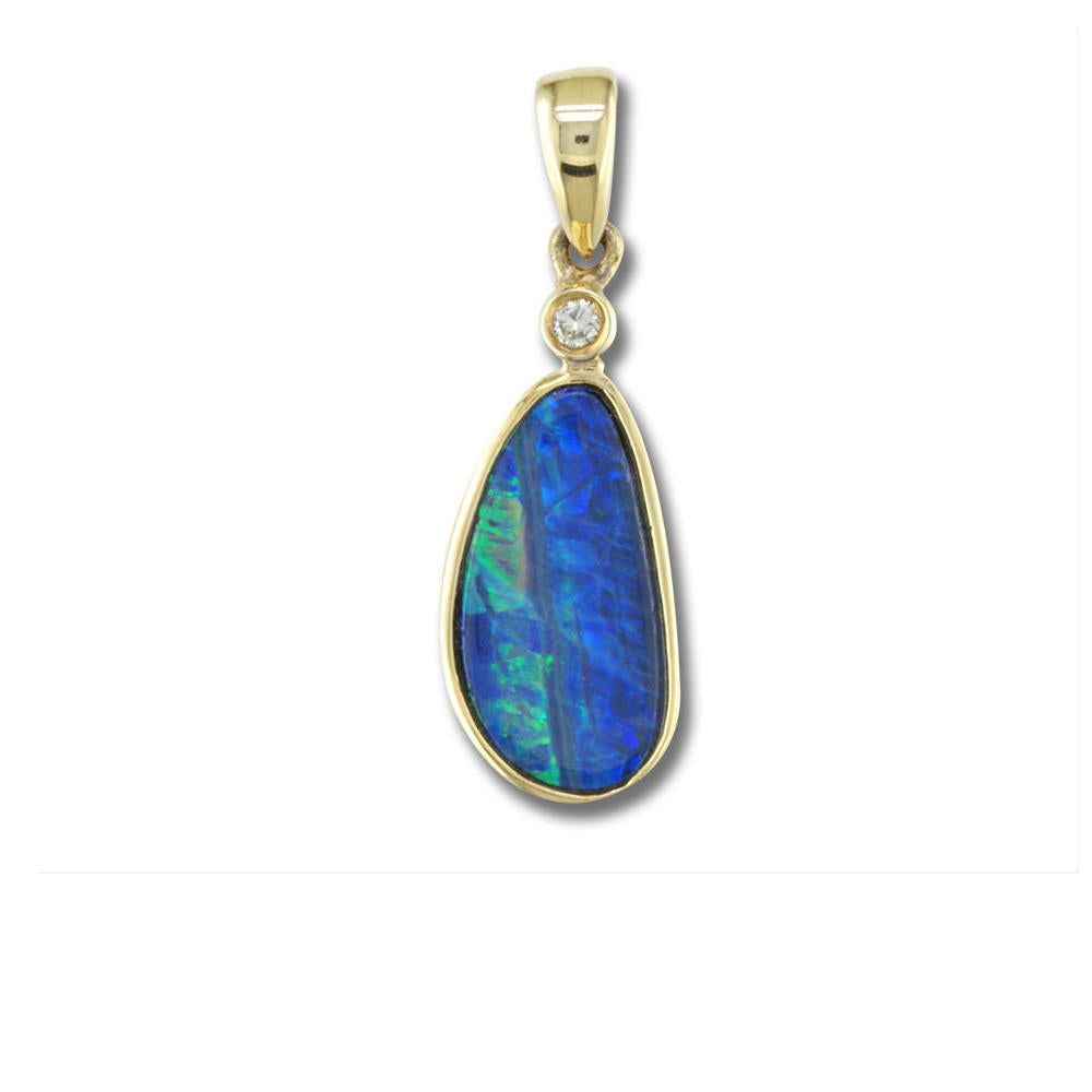 14K Yellow Gold Australian Opal Doublet/Diamond Pendant