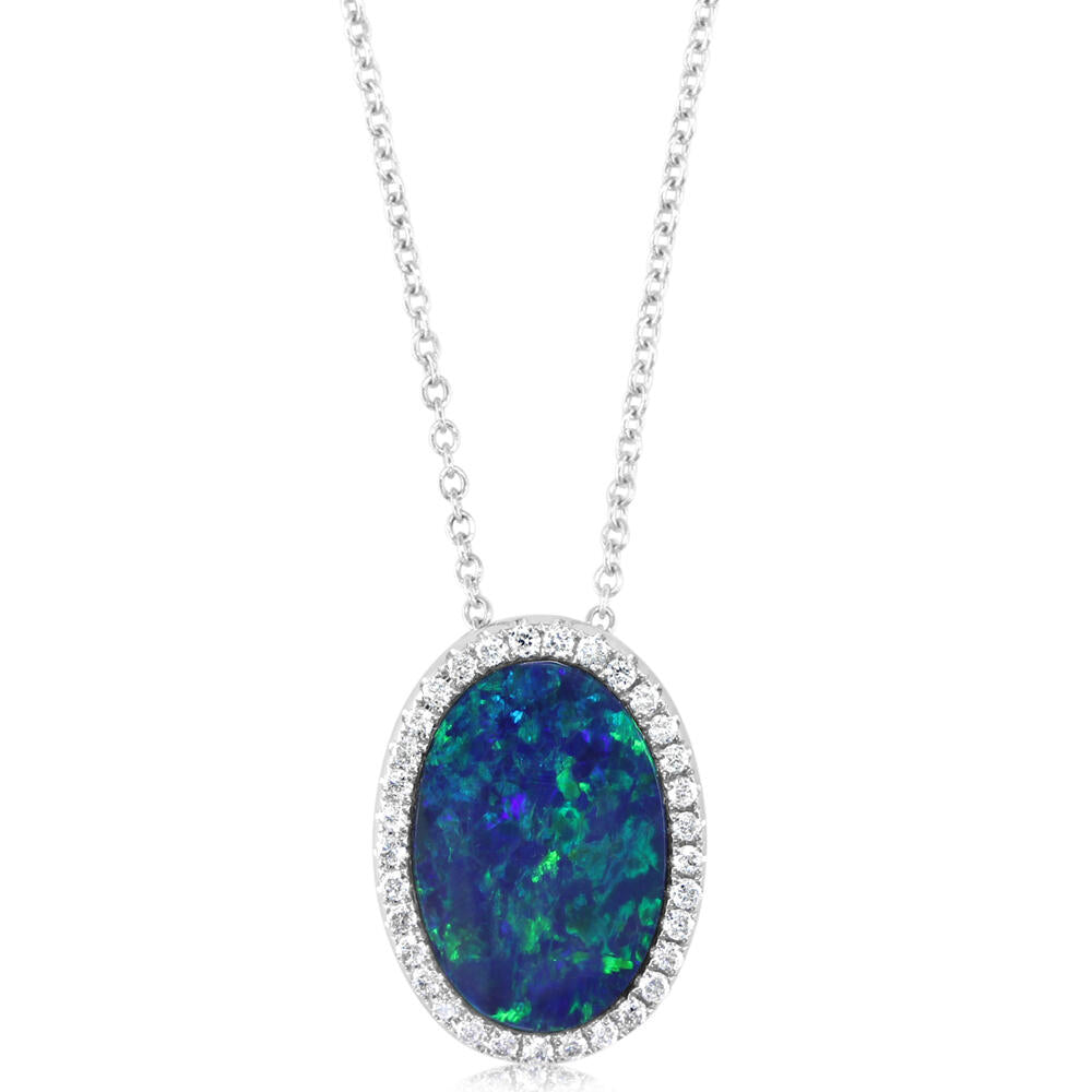 14K White Gold Australian Opal Doublet/Diamond Pendant