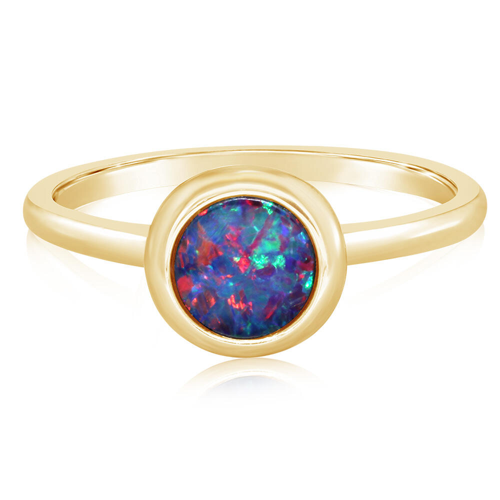 14K Yellow Gold 6mm Round Australian Opal Doublet Ring