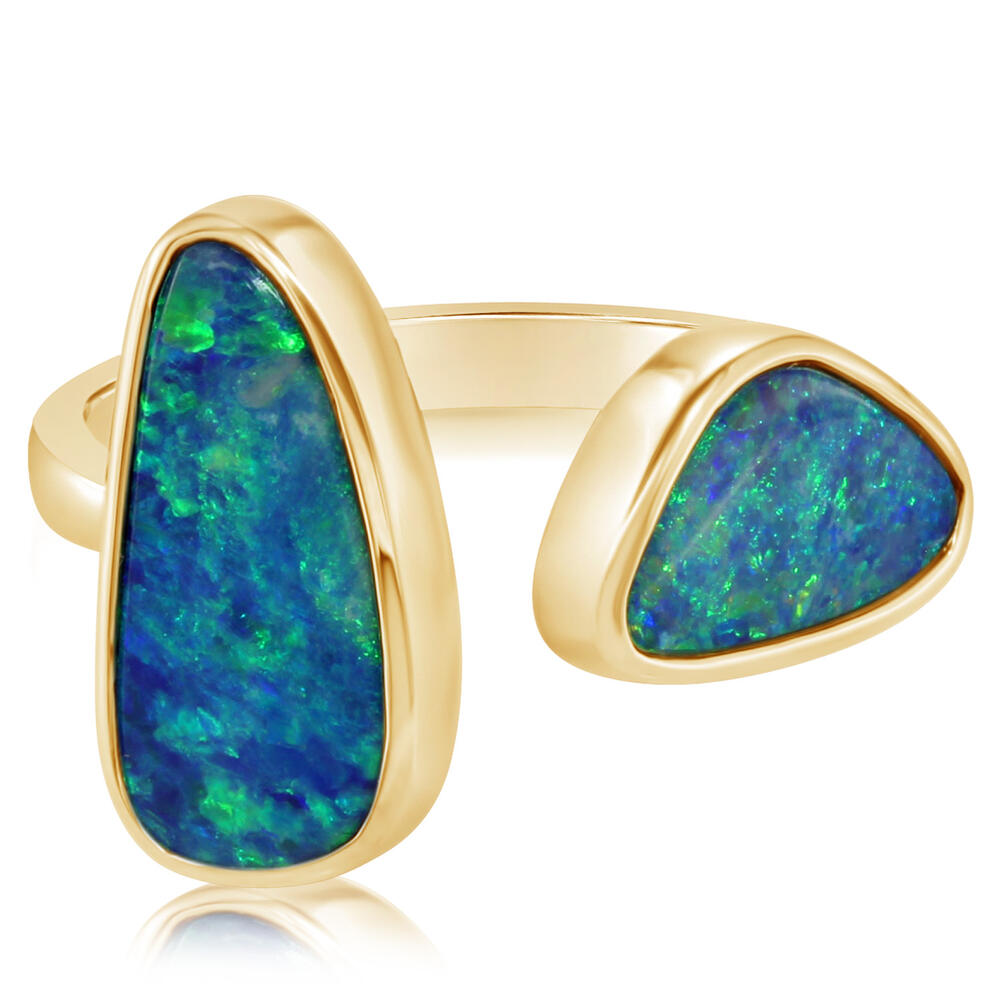 14K Yellow Gold Australian Opal Doublet 2-Stone Ring