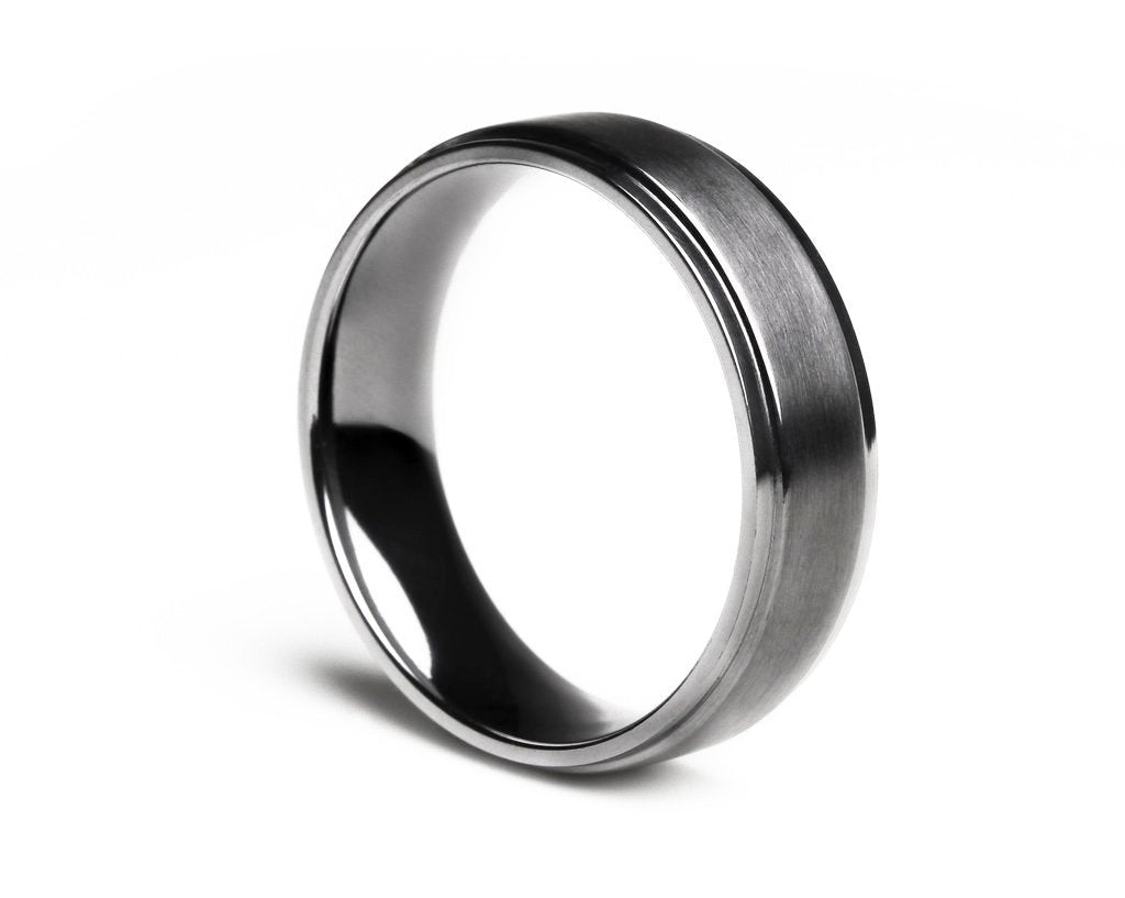 Minimal, Modern Tantalum Mens Band: Brushed Finish, Polished Stepped Edge. 6.5mm. Comfort Fit