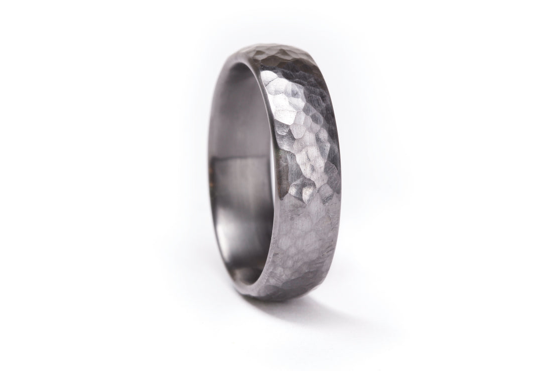 Minimal Hammered Tantalum Mens Ring: 6.5mm. Slight Dome.