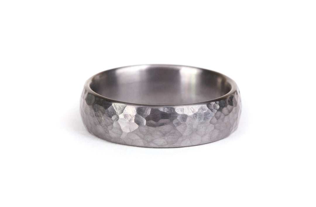 Minimal Hammered Tantalum Mens Ring: 6.5mm. Slight Dome.