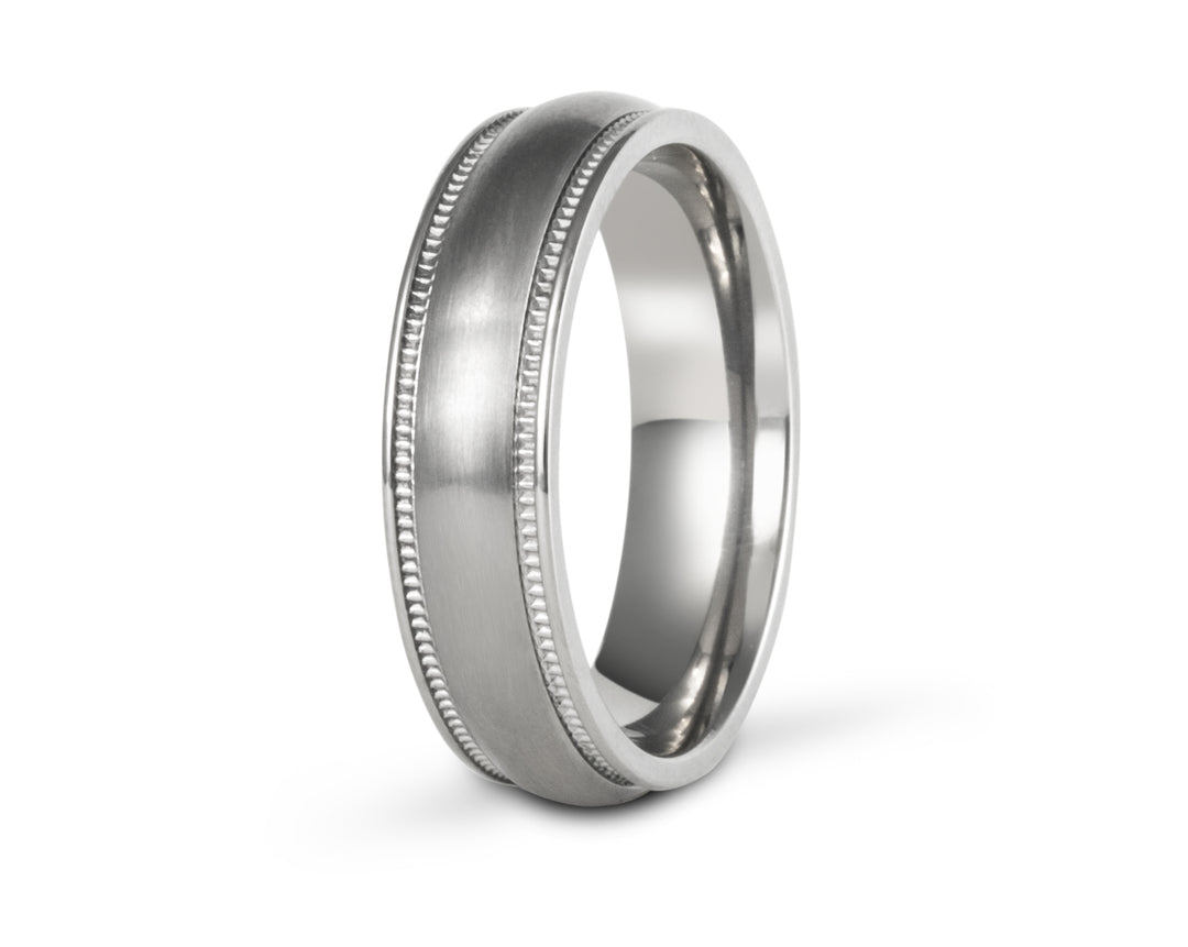 Minimal Brushed Titanium Mens Ring With Milgrain Edges: 6mm. Comfort-Fit.