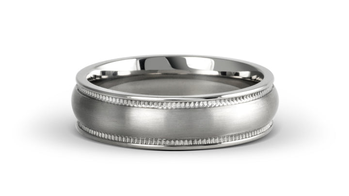 Minimal Brushed Titanium Mens Ring With Milgrain Edges: 6mm. Comfort-Fit.