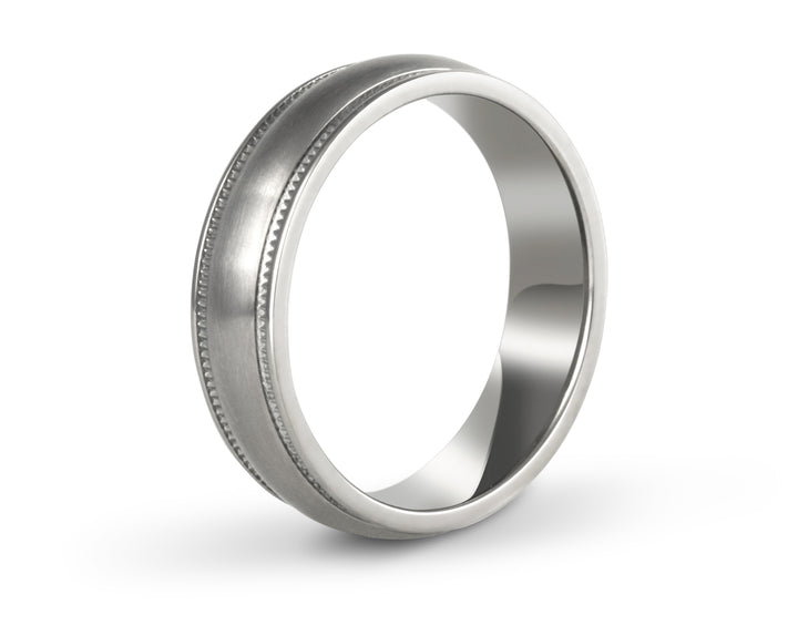 Minimal Brushed Titanium Mens Ring With Milgrain Edges: 6mm. Comfort-Fit.