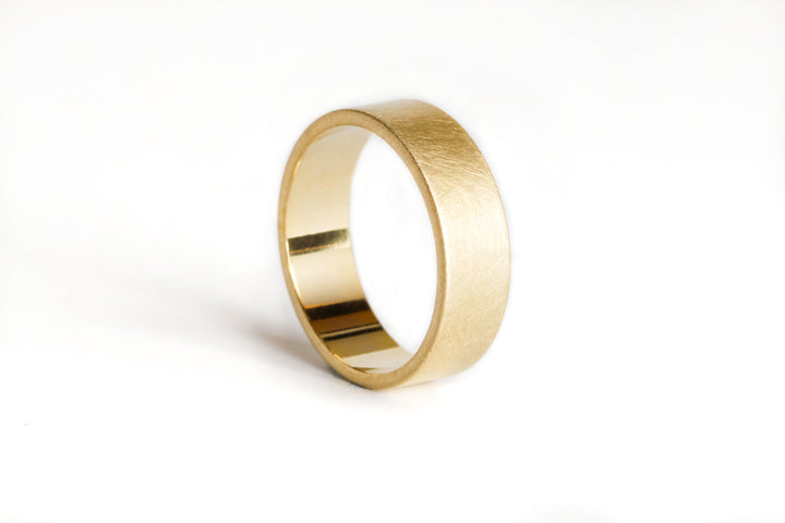 Minimal, Timeless 14k Yellow Gold Flat Mens Ring: Brushed Finish. 6mm. Comfort-Fit.